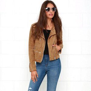 Lulus Jacket Womens Medium Brown With Love Faux Suede Moto Biker Asymmetric Zip